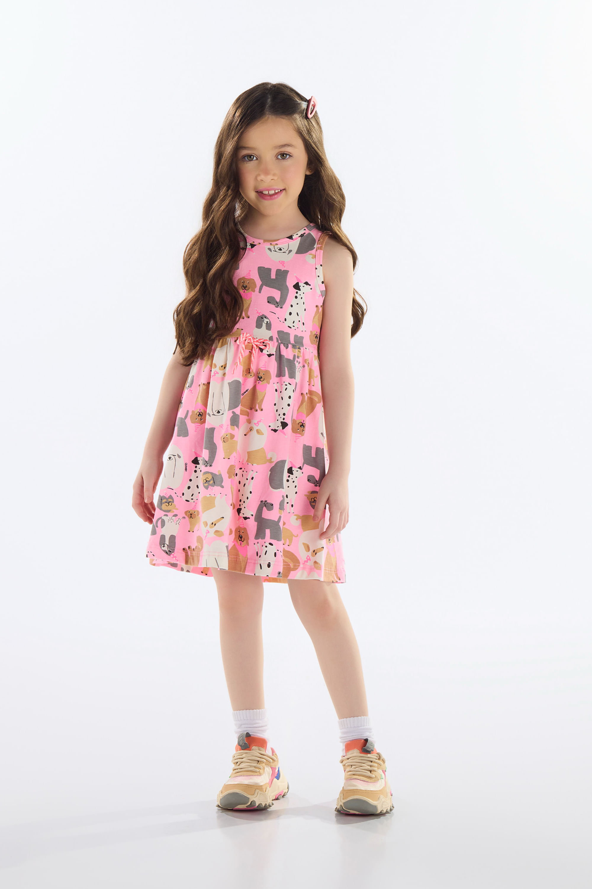 Vestido Infantil de Cachorrinhos em Cotton (Rosa) Quimby
