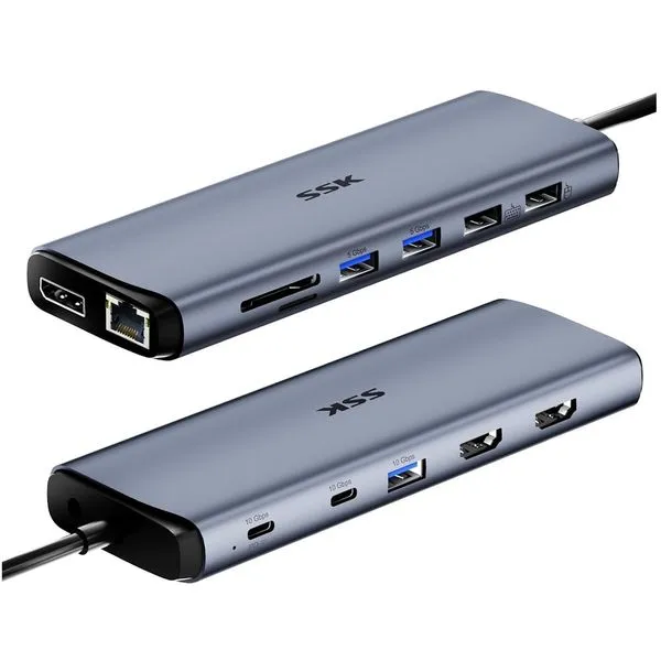 Hub USB-C 14 em 1 SSK - 2 HDMI + DP (8K/30Hz), PD 3.0 (10Gbps), USB-C 3.2 + USB-A 3.2 Gen2, SD + MicroSD + 3.5mm - SC220