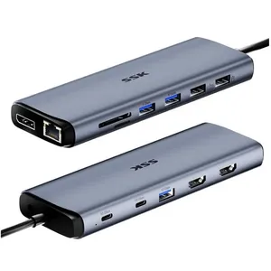 Hub USB-C 14 em 1 SSK - 2 HDMI + DP (8K/30Hz), PD 3.0 (10Gbps), USB-C 3.2 + USB-A 3.2 Gen2, SD + MicroSD + 3.5mm - SC220