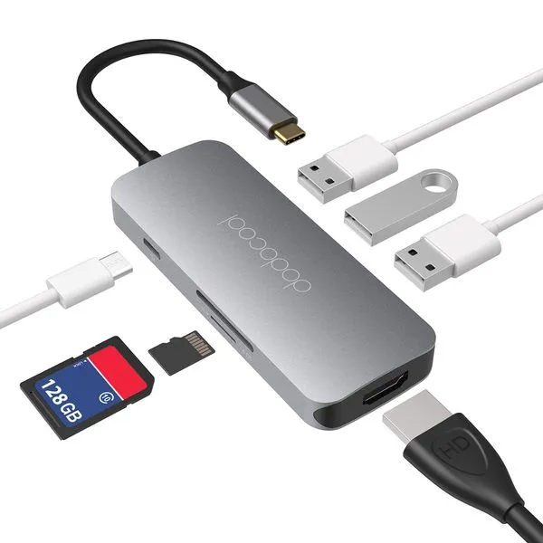Hub USB-C 3.1 (7 em 1: 3 portas USB 3.0, 1 x USB-C, 1 x HDMI 4K, 2 x Leitor de Cartão) DodoCool - DC68