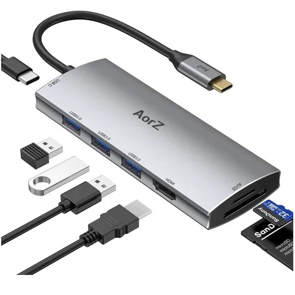 Hub USB-C 3.1 (7 em 1: 3 portas USB 3.0, 1x SD, 1x Micro SD, 1x HDMI , 1x 100W) - AorZ - B08MZZVFX6