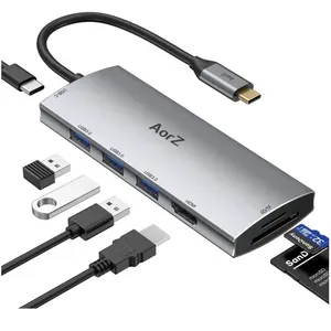 Hub USB-C 3.1 (7 em 1: 3 portas USB 3.0, 1x SD, 1x Micro SD, 1x HDMI , 1x 100W) - AorZ - B08MZZVFX6