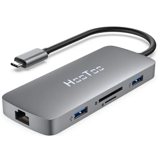 Hub USB-C 3.1 HooToo 8 em1 - HT-UC009 (2x USB3.0, 1x USB-C 100W, 1x USB2.0, HDMI, Leitor Cartão SD/TF, Ethernet Gigabit)