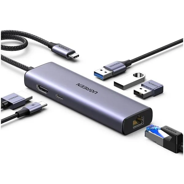 Hub USB-C Ugreen 6 em 1 - HDMI, 3x USB-A, USB-C, RJ-45, 100w Power Delivery