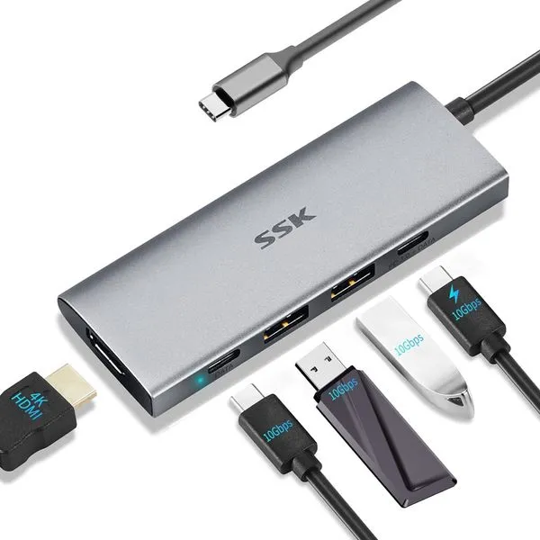 Hub USB-C 5 em 1 SSK - HDMI (4K/30Hz), 2 USB C, 1 PD 3.0, 2 USB A 3.2 Gen2 - SC108