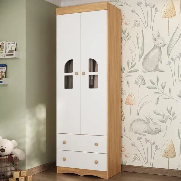 Guarda-roupa Infantil 62cm 2 Portas Com Vidro E 2 Gavetas Liz Multimóveis MP4512 Madeirado/branco