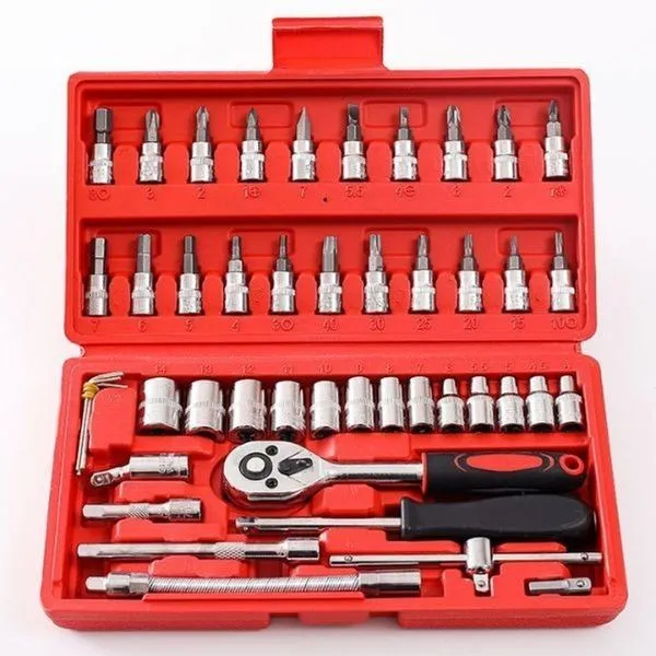 Jogo de Chave Catraca Reversível Soquetes 46 Peças com Maleta Vermelho OEM