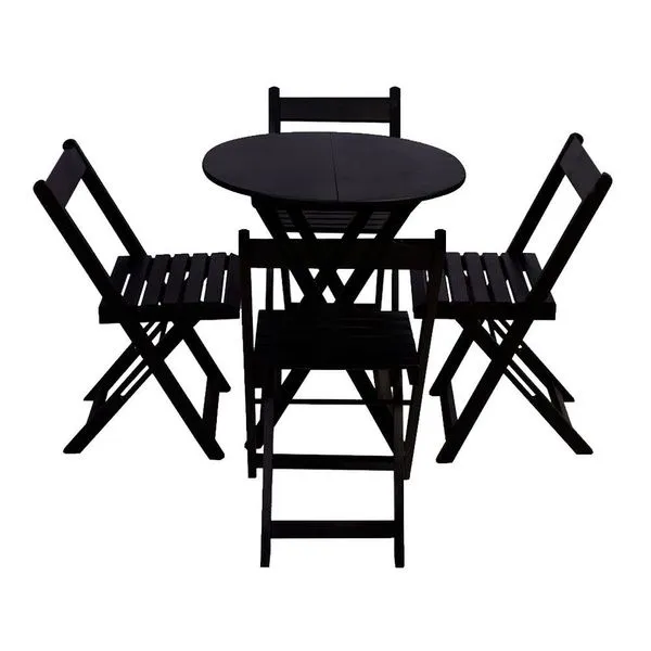 Jogo De Mesa Dobrável De Madeira 60cm Redondo Com 4 Cadeiras Preto