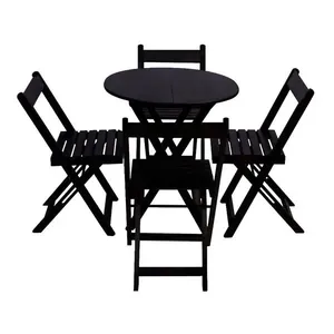 Conjunto Premium De Mesa Dobrável De Madeira 70cm Redondo Com 4 Cadeiras Preto