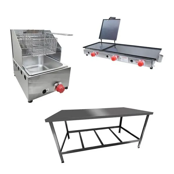 Kit Lanchonete Mesa De Manipulação 120x55cm + Fritadeira A Gás 1 Cuba + Chapa A Gás 90cm Alcamar