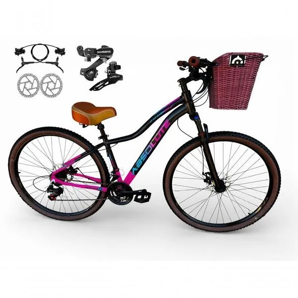 Bicicleta Aro 29 Feminina Absolute Hera Retrô Vintage Shimano 21v Hidráulica Confortável Cesta Preto-rosa Tamano 15