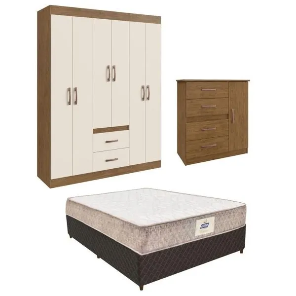 Cama Box com Colchão Casal Cr35223 Molas Bonnel Euro Pillow Tecido Poliéster Off White com Guarda-Roupas e Cômoda Guarda-roupas Com Cômoda E Cama Casal Com Colchão Multimóveis Cr35223 Nogueira Off White