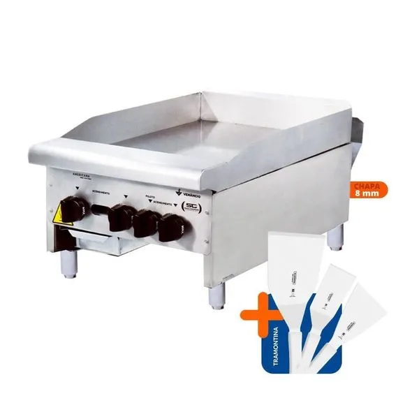 Chapa a Gás Profissional 45cm CG45 Lisa Inox 8mm com Conjunto de Espátulas Metalúrgica Venâncio Chapa a Gás Profissional 45cm CG45 Lisa Inox com Espátulas Metalúrgica Venâncio
