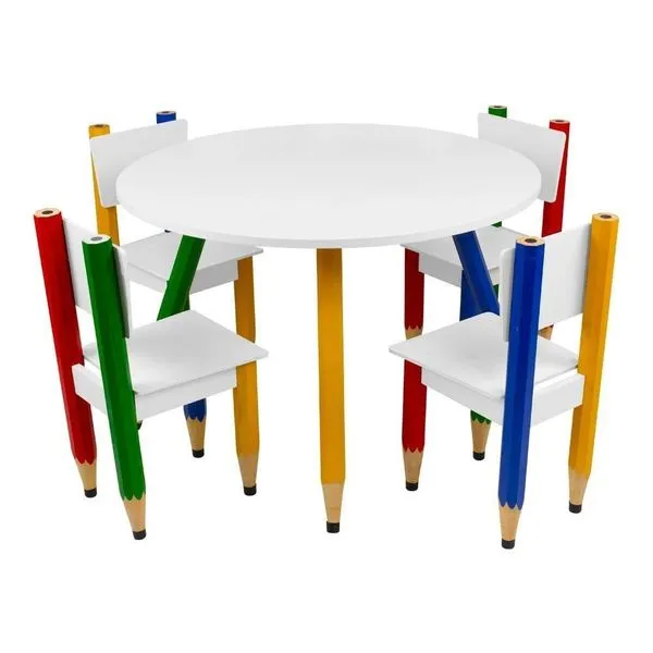 Kit 4 Cadeiras E Mesa Infantil Lápis Coloridos Redonda Tampo Branco Pés Temáticos Quarto Menina Menino Mobília Decor