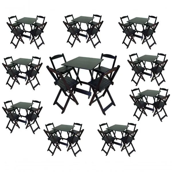 Kit 10 Conjuntos Dobráveis 70x70 Preto 10 Mesas E 40 Cadeiras Bar Restaurante