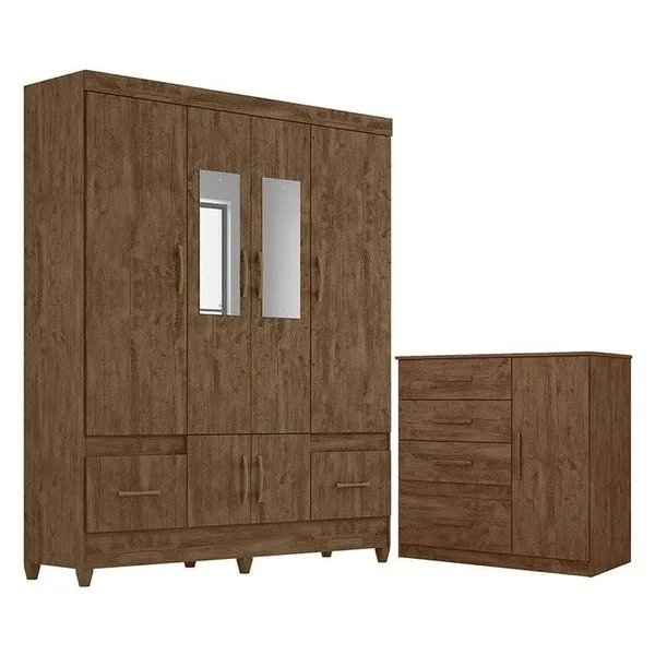 Guarda Roupa Casal Ms912 6 Portas 2 Gavetas em MDP 165cm Marrom com Espelho e Cômoda Moval Guarda Roupa Casal Ms912 6 Portas 2 Gavetas em MDP 165cm Marrom Moval