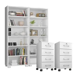Kit 2 Gaveteiros Para Escritório Gávea Com Chave E 2 Livreiros Office Branco Fosco – Móveis Leão