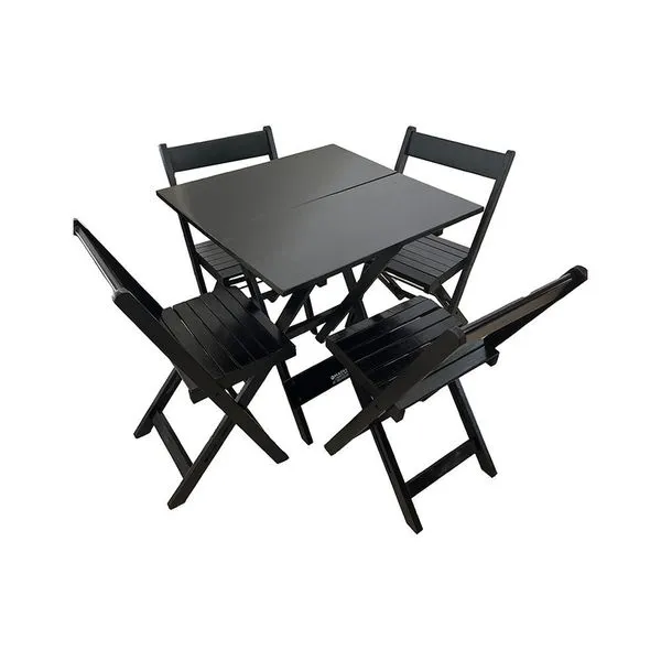 Conjunto Premium De Mesa Dobrável De Madeira 70x70 Com 4 Cadeiras Preto