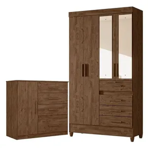 Guarda Roupa Solteiro e Cômoda Sobral Vênus 5 Portas de Bater 8 Gavetas MDP com Espelho Castanho Wood Fosco Guarda Roupa Solteiro e Cômoda Sobral Vênus 5 Portas 8 Gavetas MDP com Espelho Castanho Wood Fosco