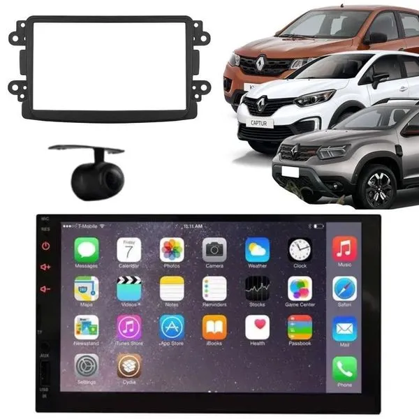 Central Multimídia 2 DIN MP5 Player 7 Preto com Bluetooth Câmera de Ré Moldura Sandero Expression Android Iphone Ios Central Multimídia 2 DIN MP5 Player 7 Preto com Bluetooth Câmera de Ré Sandero Expression Android