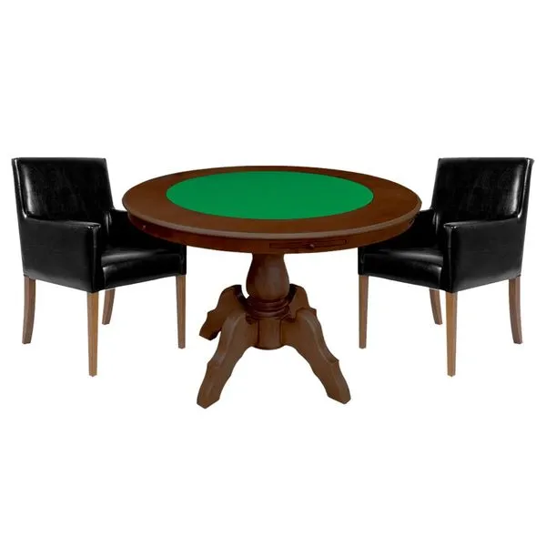 Mesa de Jogos Carteado Redonda Montreal Tampo Reversível Imbuia com 2 Cadeiras Liverpool Corino Preto Liso G36 G15 - Gran Belo