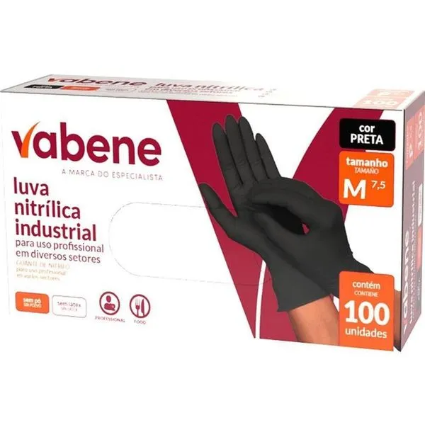 Luva Nitrílica Preta sem Látex Texturizada Tamanho m Caixa com 100 Unidades Vabene Luva Nitrílica Preta sem Látex Tamanho m 100 Unidades Vabene