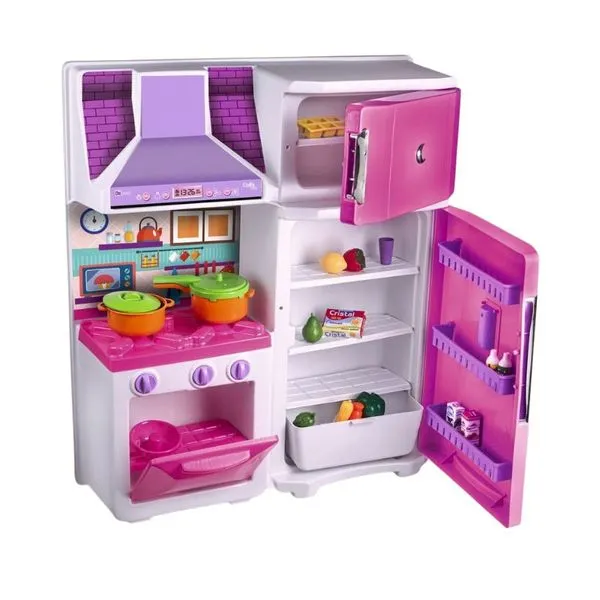 Cozinha Infantil Rosa Fogão Forno Geladeira Coifa e Panelas