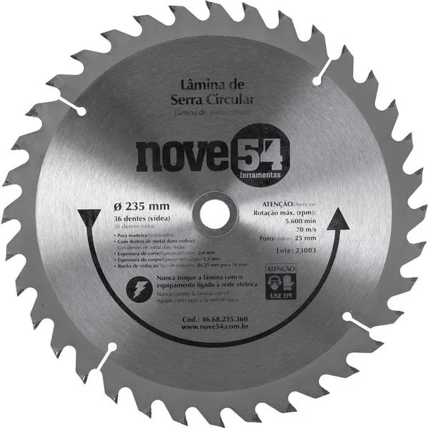 Lâmina de serra circular com 36 dentes de metal duro/vídea 235mmx25mm NOVE54