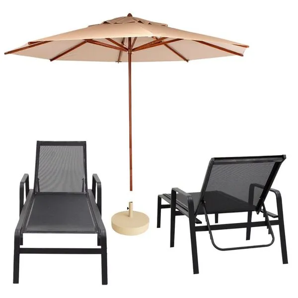 2 Cadeira Espreguiçadeira Piscina Sevilha + Guarda Sol Praia Nossakasa Preto