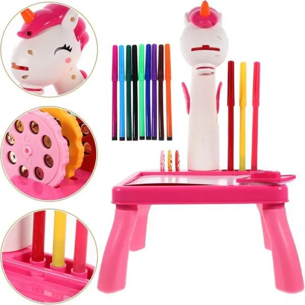 Brinquedo Mesinha De Pintura Projetor Unicórnio Rosa Canetas Rosa