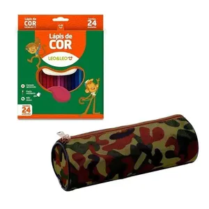 Estojo Escolar Redondo 717193 E Lápis De Cor Sextavado 4449 24 Cores - Leo&amp
