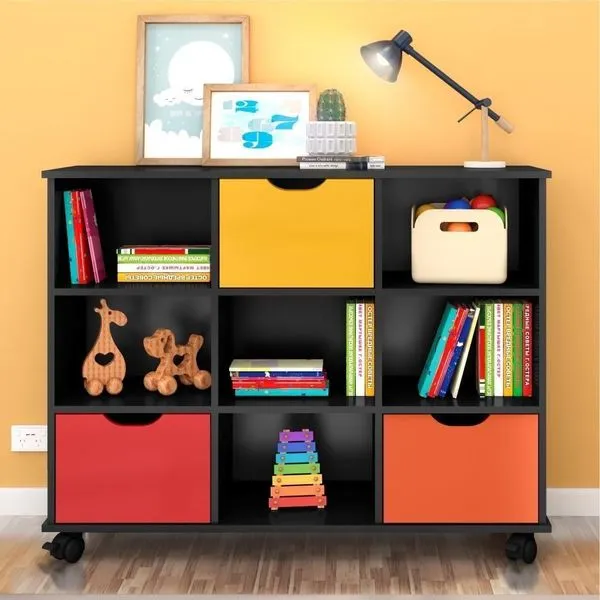 Conjunto Nicho Organizador Kenya 9 Espaços Com Rodízios Preto + Kit 3 Gavetas Coloridas