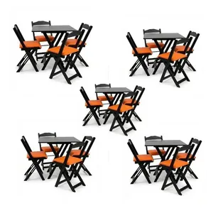 Kits 5 Conjuntos Dobráveis 70x70 5 Mesas 20 Cadeiras Preto Com Estofado Laranja
