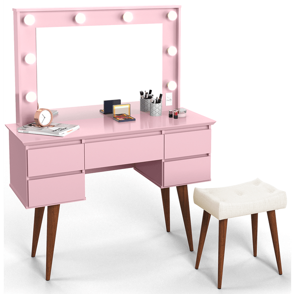 Penteadeira Camarim, MDP/MDF, 5 Gavetas, Pés em Madeira Maciça, Iluminação LED - Strass Rosa