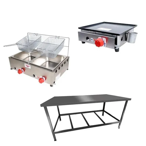Kit Lanchonete Mesa De Manipulação + Fritadeira A Gás 2 Cuba