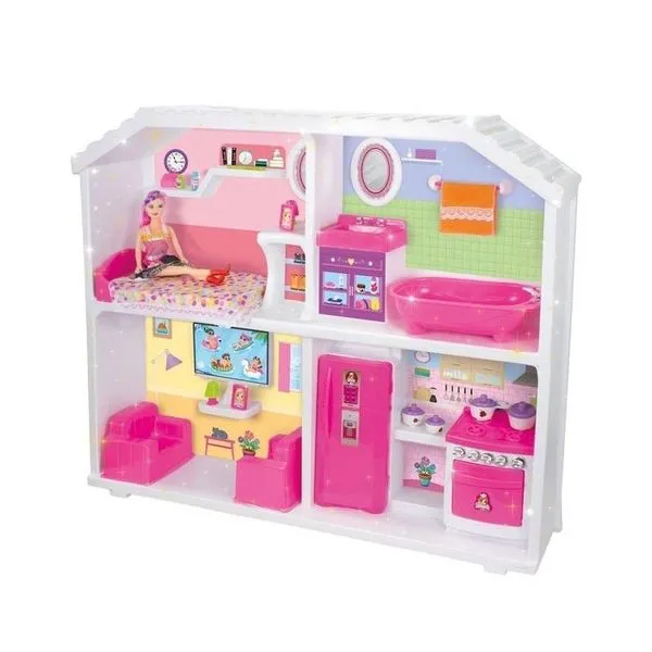 Casinha Infantil Casinha Doce Encantada Quarto Cozinha Banheiro Sala com Móveis Fixos e Boneca