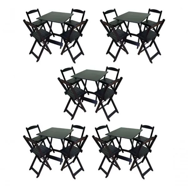 Kit 5 Conjuntos Dobráveis 70x70 5 Mesas 20 Cadeiras Preto