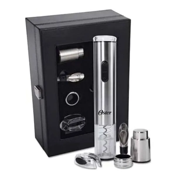 Kit Abridor de Vinho Elétrico com Cortador Anel Antigotas Bico para Servir Bomba a Vácuo Prata Oster Kit De Abridor De Vinho Elétrico Oster Prata