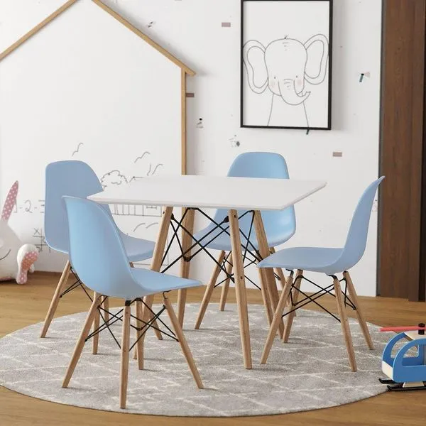 Conjunto De Mesa Madeira Infantil 68Cm Quadrado Branco 4 Cadeiras Azul
