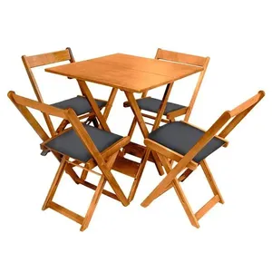 Conjunto De Mesa Dobrável De Madeira 70x70 Com 4 Cadeiras Natural Estofado Preto