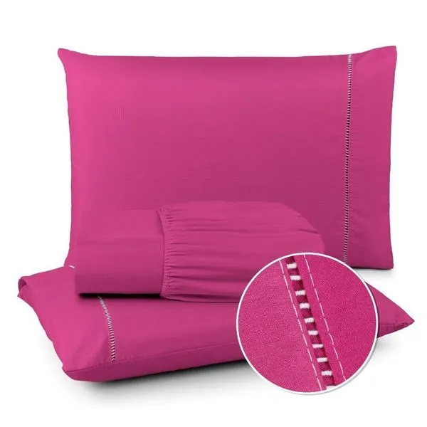 Jogo de Lençol Berço Americano 3 Peças Micropercal 400 Fios com Ponto Palito Rosa Pink OEM Jogo de Lençol Berço Americano 3 Peças Micropercal 400 Fios Rosa Pink OEM