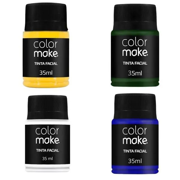 Kit Tinta Facial Cores Brasileiras Verde Amarelo Branco e Azul 4 Potes de 35ML Colormake Kit Tinta Facial 4 Cores 35ML Verde Amarelo Branco e Azul Colormake