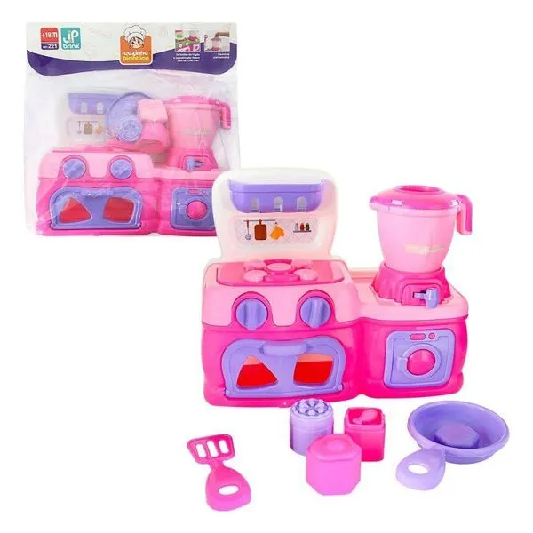 Mini Cozinha Infantil Rosa com Fogão Forno e Liquidificador JP Brink