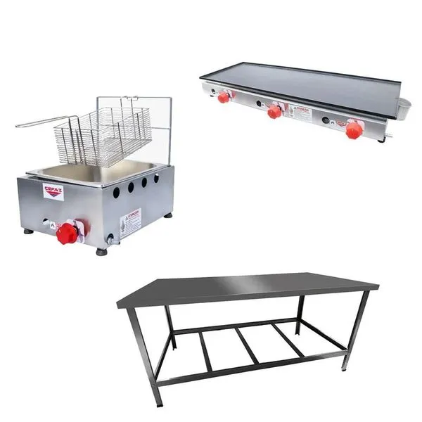 Kit Lanchonete Mesa De Manipulação + Fritadeira A Gás 1 Cuba