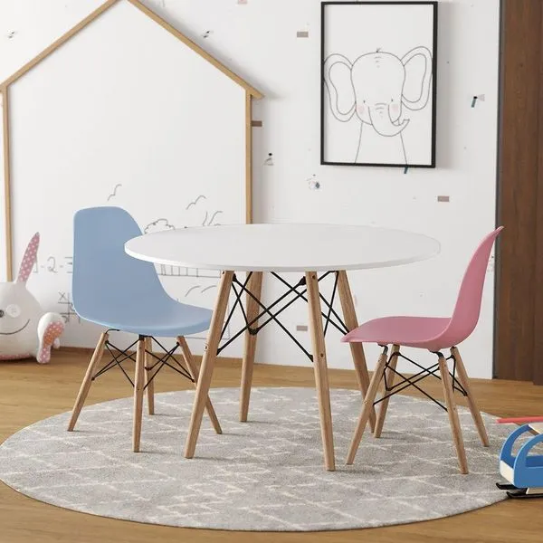 Conjunto De Mesa Madeira Infantil 68Cm Redondo Branco 1 Cadeira Azul 1 Cadeira Rosa