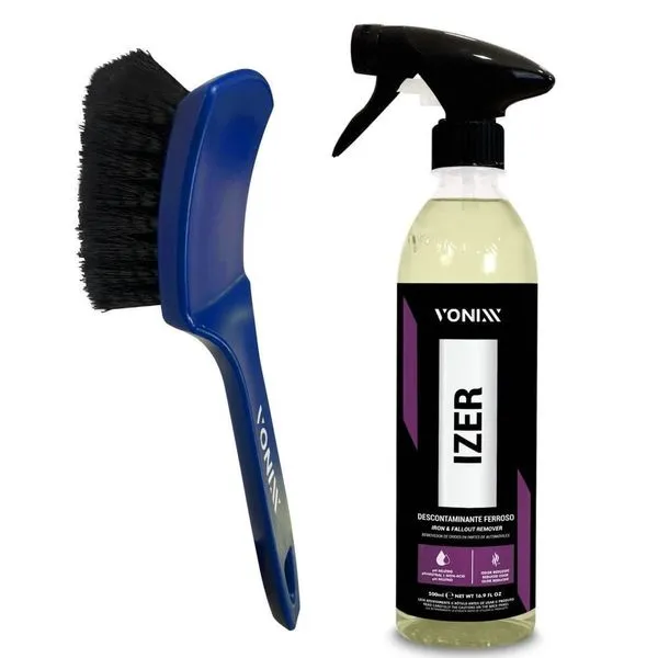 Kit Limpeza de Rodas Descontaminante Ferroso IZER 500ML com Escova Cerdas Duras Anatômica Vonixx Kit Limpeza Rodas Descontaminante Ferroso IZER 500ML e Escova Vonixx