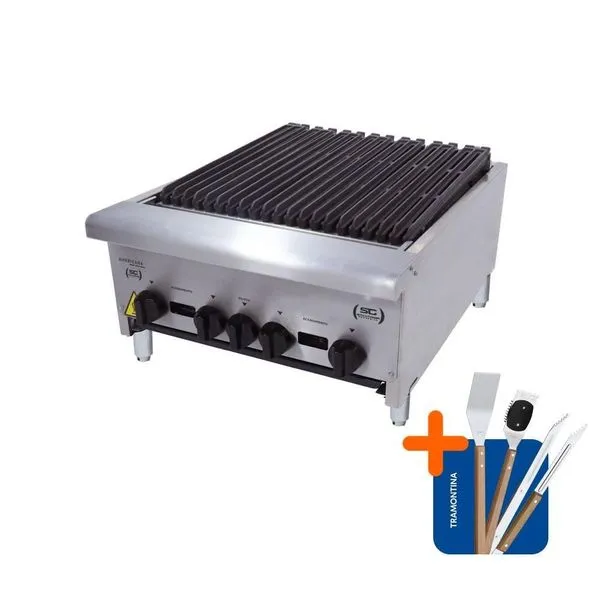 Kit Chapa Charbroiler a Gás 60cm CGG60 Inox com Pegador Espátula e Escova Metalúrgica Venâncio Chapa Charbroiler a Gás 60cm CGG60 Inox com Utensílios para Churrasco Metalúrgica Venâncio