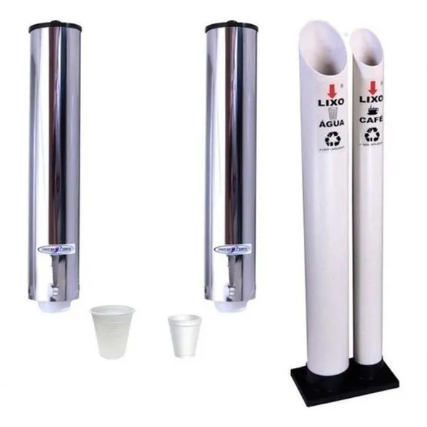 Kit Suporte para Copos Descartáveis com Dispenser para Água e Café e Lixeira Inox Higipack Kit Suporte para Copos Descartáveis com Dispenser para Água e Café Inox Higipack