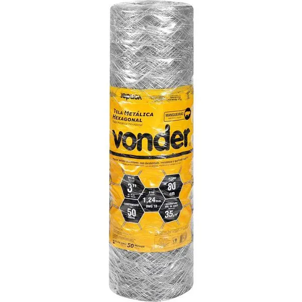 Tela Metálica Hexagonal Malha 3" 18 BWG x 0,8m 50 metros Mangueirão VONDER