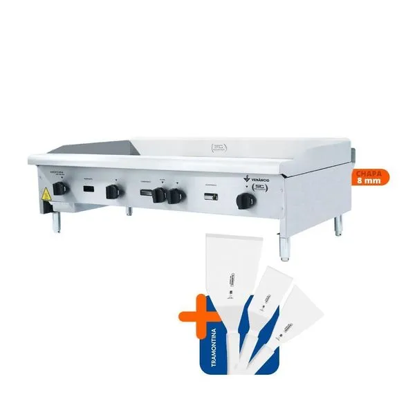 Chapa a Gás Profissional Cg120 120cm 8mm Lisa Inox com Conjunto de Espátulas Metalúrgica Venâncio Chapa a Gás Profissional Cg120 120cm 8mm Lisa Inox com Espátulas Metalúrgica Venâncio